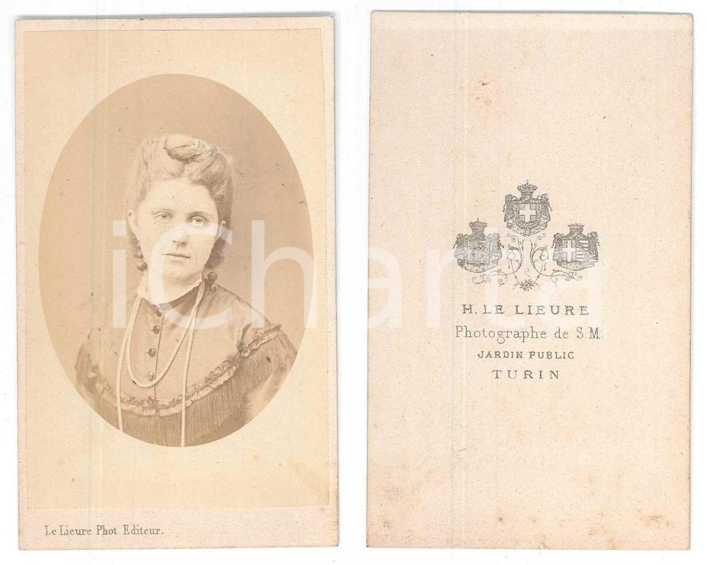 Fotografia d epoca originale 1870 ca TORINO Ritratto di donna con collana di perle  Foto LE LIEURE  CDV 1
