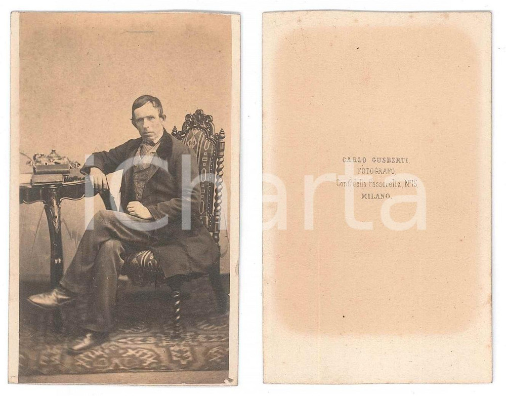 Fotografia d epoca originale 1870 ca MILANO Ritratto maschile seduto  Foto Carlo GUSBERTI CDV 1