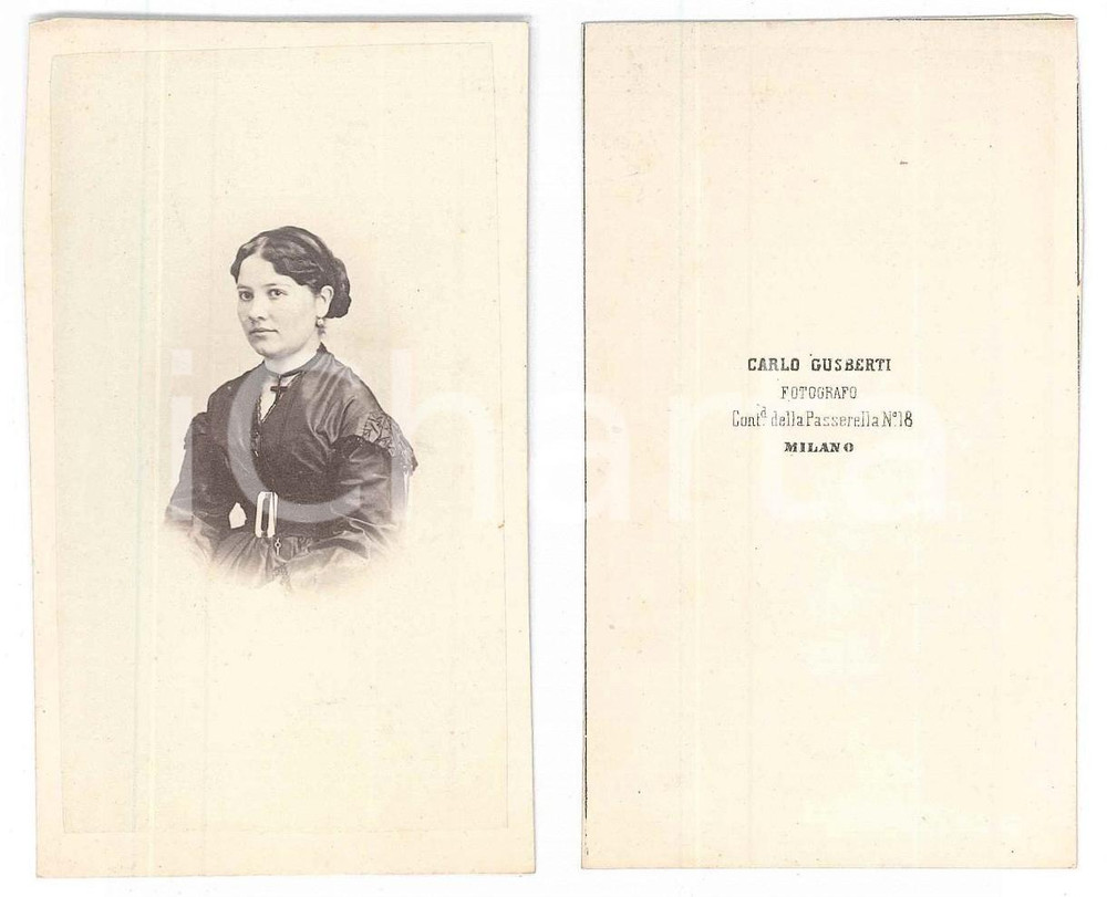 Fotografia d epoca originale 1870 ca MILANO Donna in abito scuro  Busto  Foto Carlo GUSBERTI CDV 1