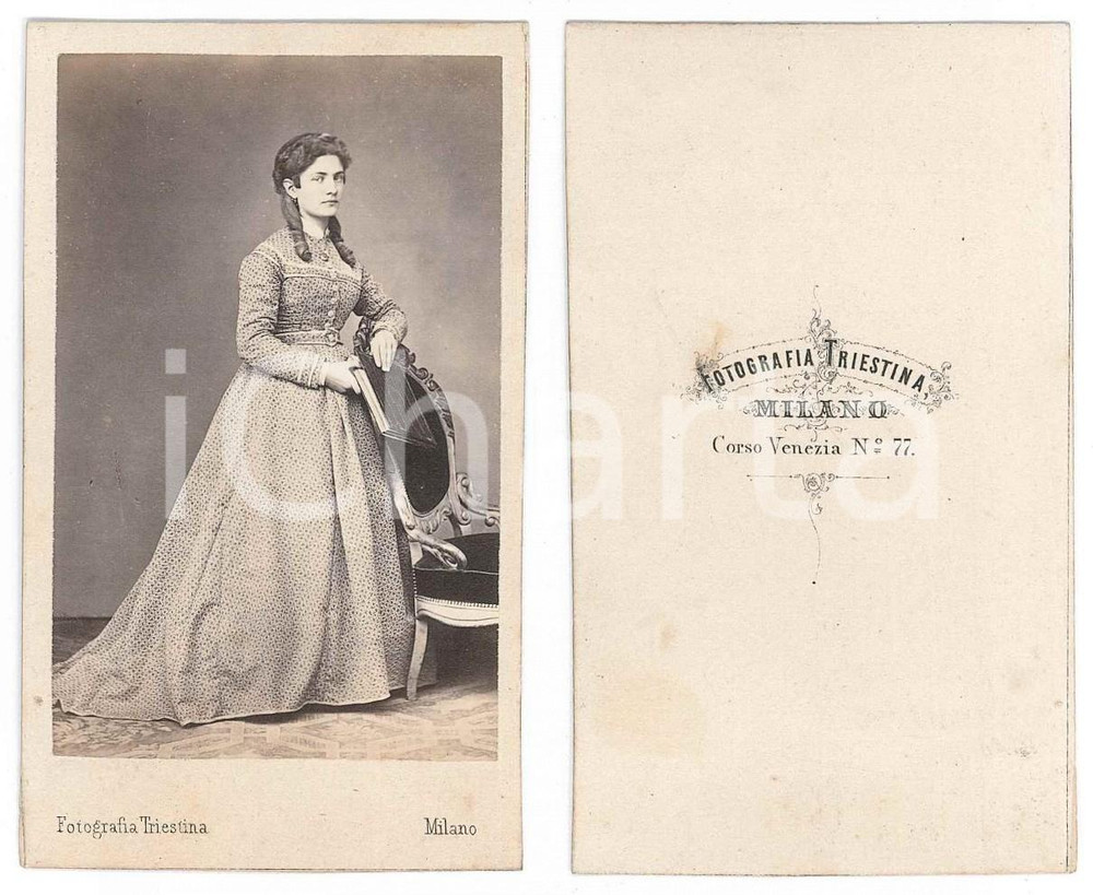 Fotografia d epoca originale 1870 ca MILANO Giovane donna in abito stampato  Fotografia Triestina CDV 1