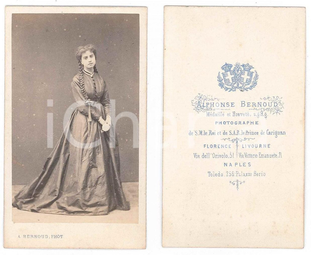 Fotografia d epoca originale 1870 ca ITALIA Giovane donna con lunghe trecce  Foto Alphonse BERNOUD  CDV 1