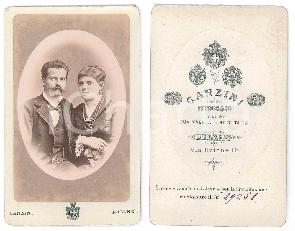 Fotografia d epoca originale 1870 ca MILANO Una coppia di sposi  Ritratto  Foto G. B. GANZINI CDV 1