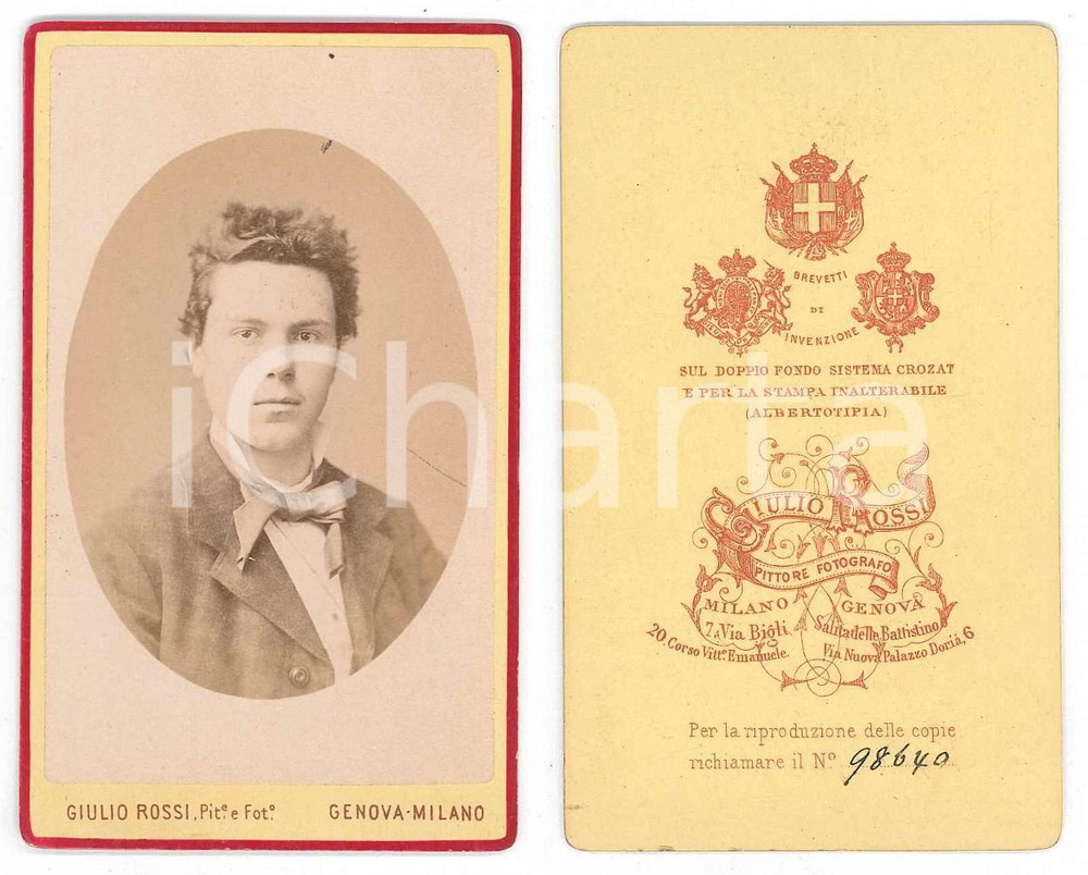 Fotografia d epoca originale 1875 ca ITALIA Ritratto di un giovane uomo  Foto Giulio ROSSI CDV 1