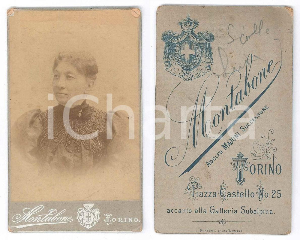 Fotografia d epoca originale 1890 ca TORINO Donna in abito ricamato  Ritratto  Foto MONTABONE CDV 1
