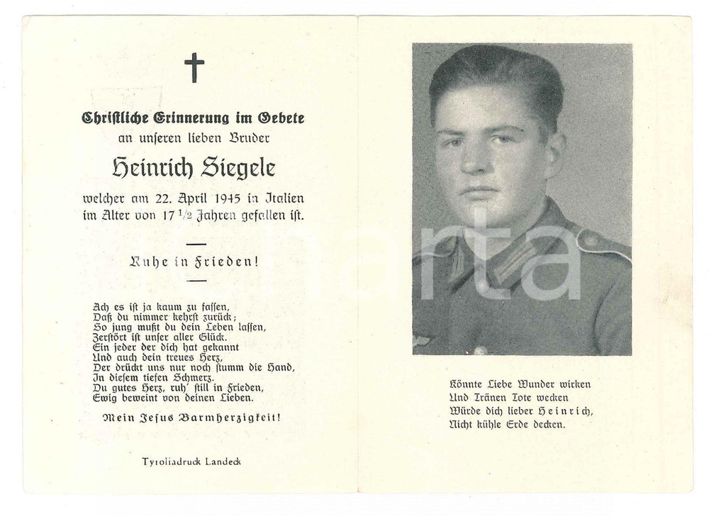 Oggetto da collezione cartaceo 22 aprile 1945 In memoria del soldato Heinrich SIEGELE morto in Italia  Santino 1