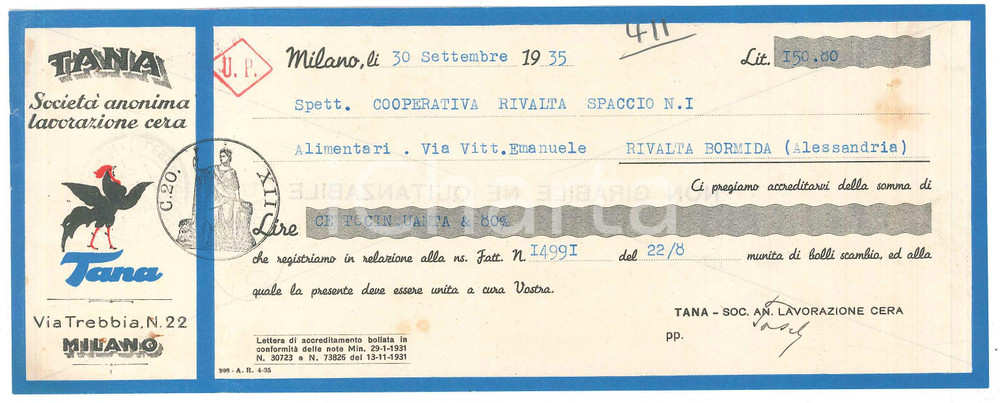 Documento originale, autentico 1935 MILANO SocietÃ  Anonima Lavorazione Cera TANA  Cambiale pubblicitaria 1