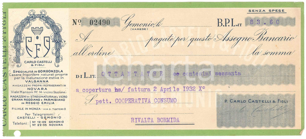 Documento originale, autentico 1932 GEMONIO VA Caseificio gorgonzola Carlo CASTELLI Assegno pubblicitario 1