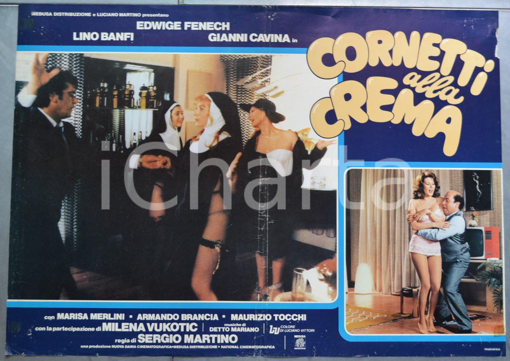 Materiale cinematografico d’epoca 1981 CINEMA Cornetti alla crema  Lino BANFI Edwige FENECH Lobby card 1