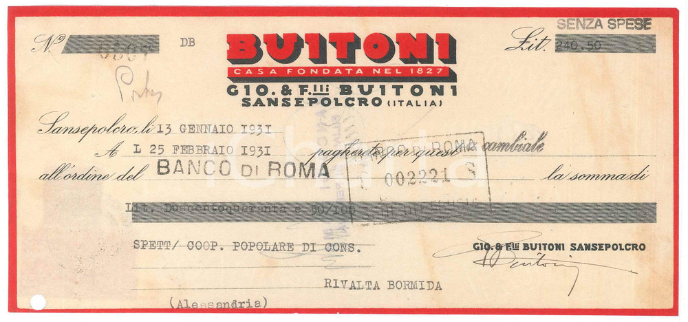 Documento originale, autentico 1931 SANSEPOLCRO AR Giovanni & Fratelli BUITONI Cambiale pubblicitaria 1