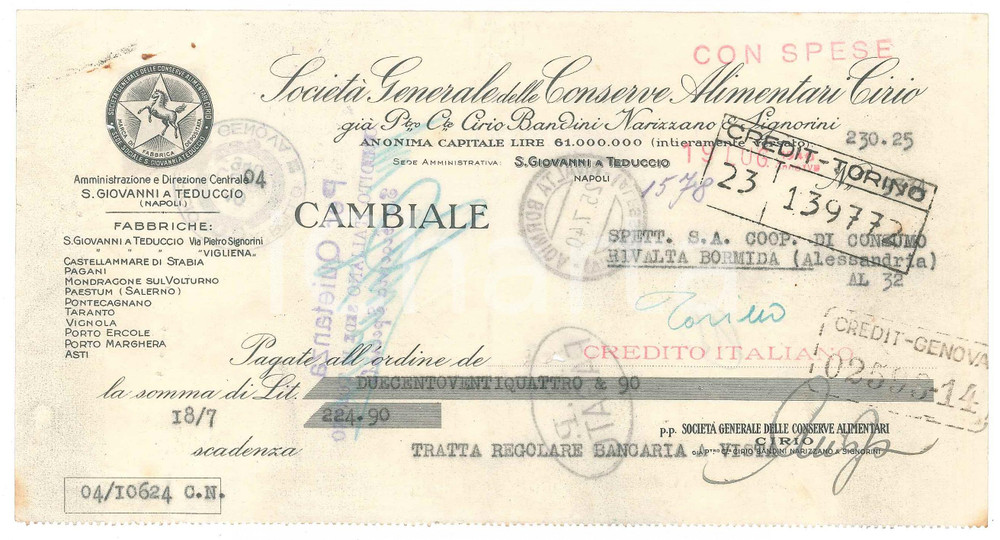 Documento originale, autentico 1940 SAN GIOVANNI TEDUCCIO Conserve alimentari CIRIO  Cambiale intestata 1