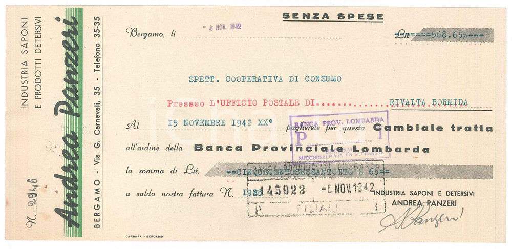 Documento originale, autentico 1942 BERGAMI Ditta Andrea PANZERI Industria saponi e detersivi  Cambiale 1