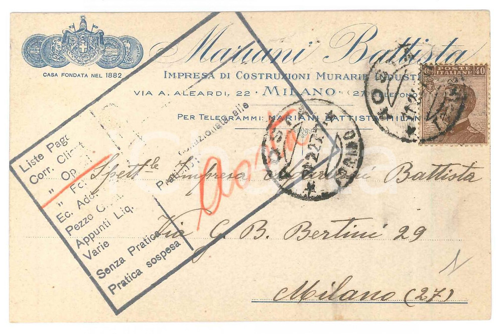 Cartolina originale da collezione 1927 MILANO Impresa edile Battista MARIANI Cartolina commerciale 13x8 cm 1
