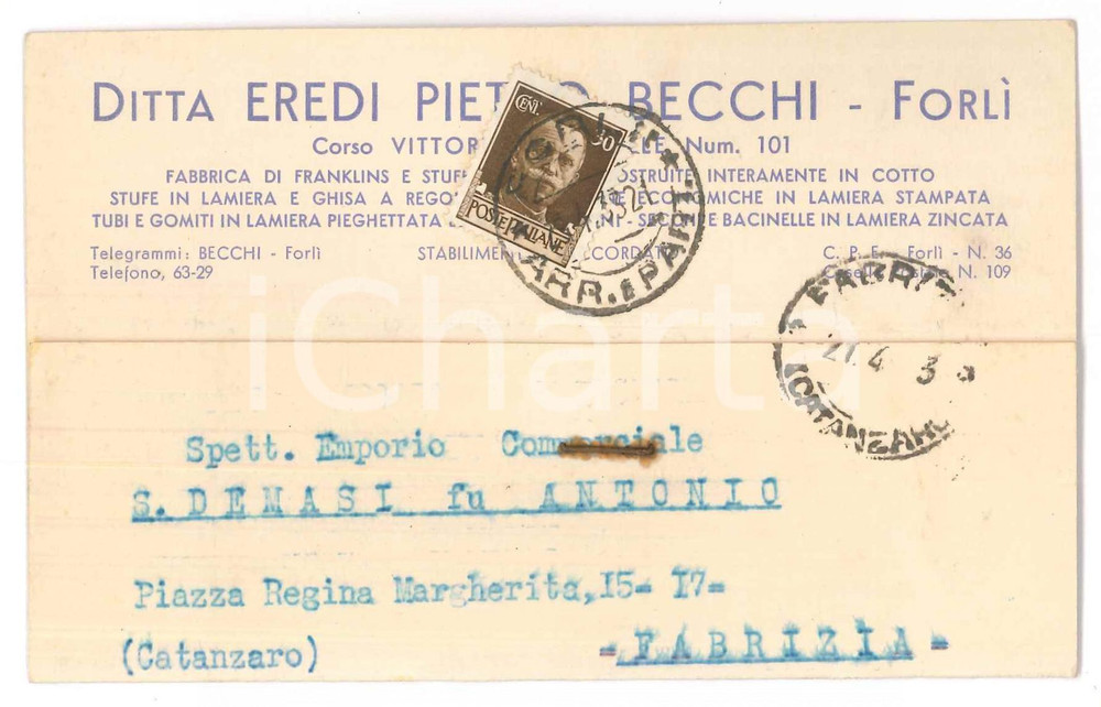Cartolina originale da collezione 1933 FORLÃŒ Ditta Eredi Pietro BECCHI Stufe e lamiere  Cartolina commerciale 1