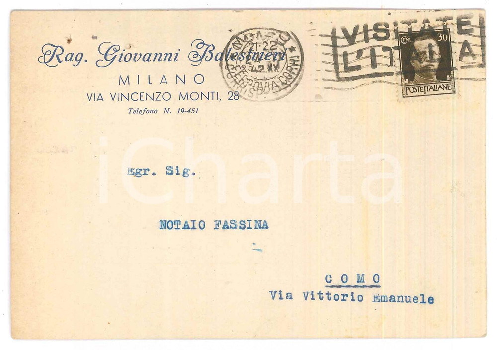 Cartolina originale da collezione 1942 MILANO Via Monti 28  Rag. Giovanni BALESTRIERI Cartolina commerciale 1
