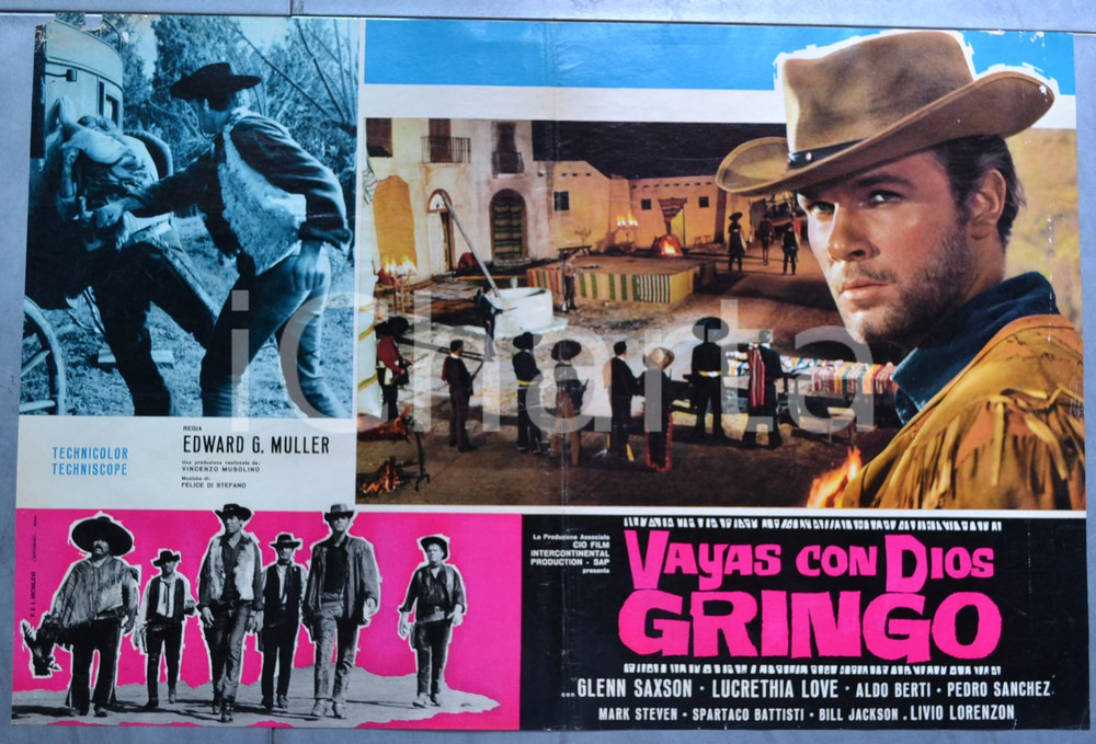 Materiale cinematografico d’epoca 1966 WESTERN Vayas con dios gringo Glenn SAXSON Lobby card 1