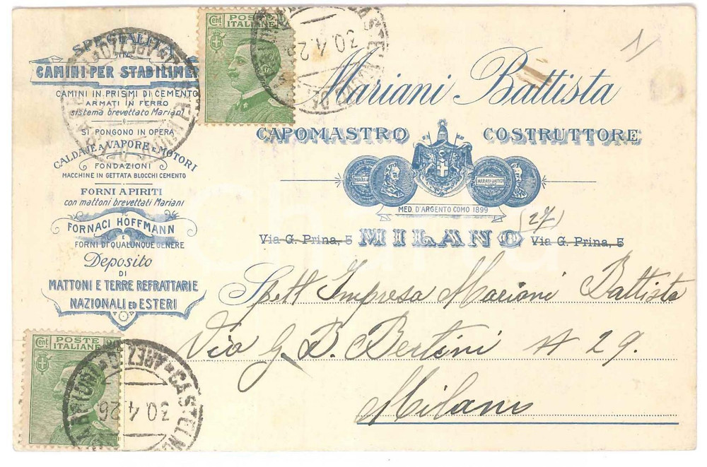 Cartolina originale da collezione 1926 MILANO Capomastro Battista MARIANI Cartolina commerciale 13x8 cm 1