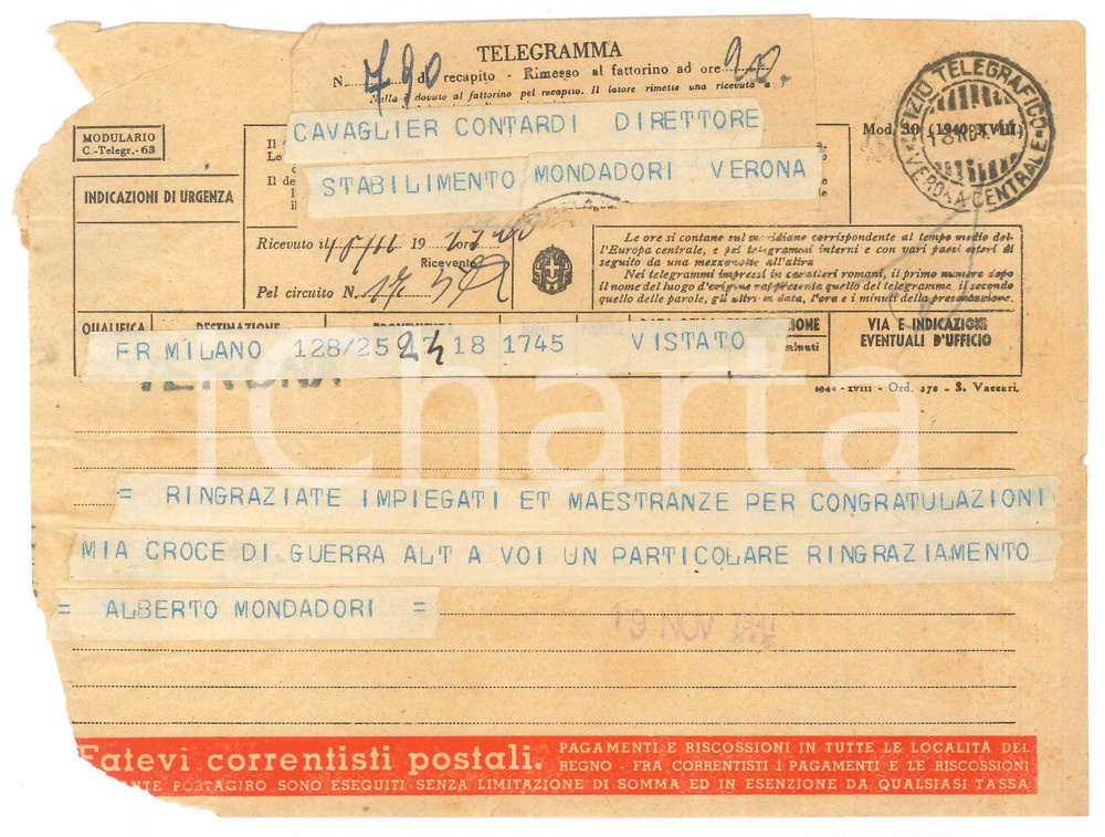 Documento originale, autentico 1941 MILANO Telegramma Alberto MONDADORI ad Alfredo CONTARDI  Ringraziamento 1