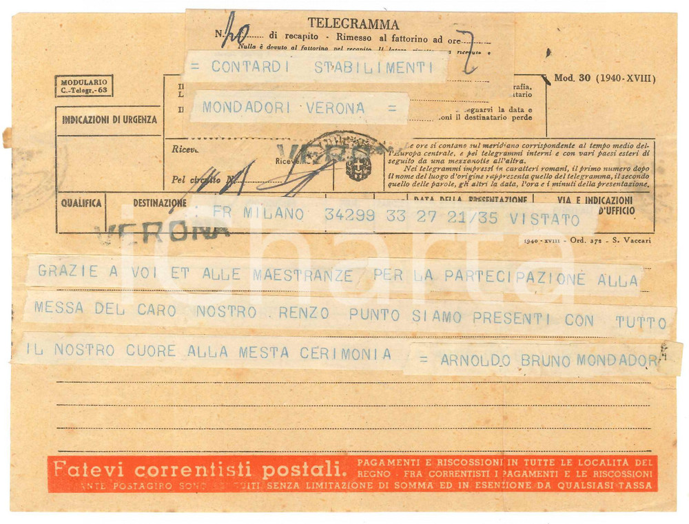 Documento originale, autentico 1940 ca MILANO Telegramma Arnoldo e Bruno MONDADORI ad Alfredo CONTARDI 1