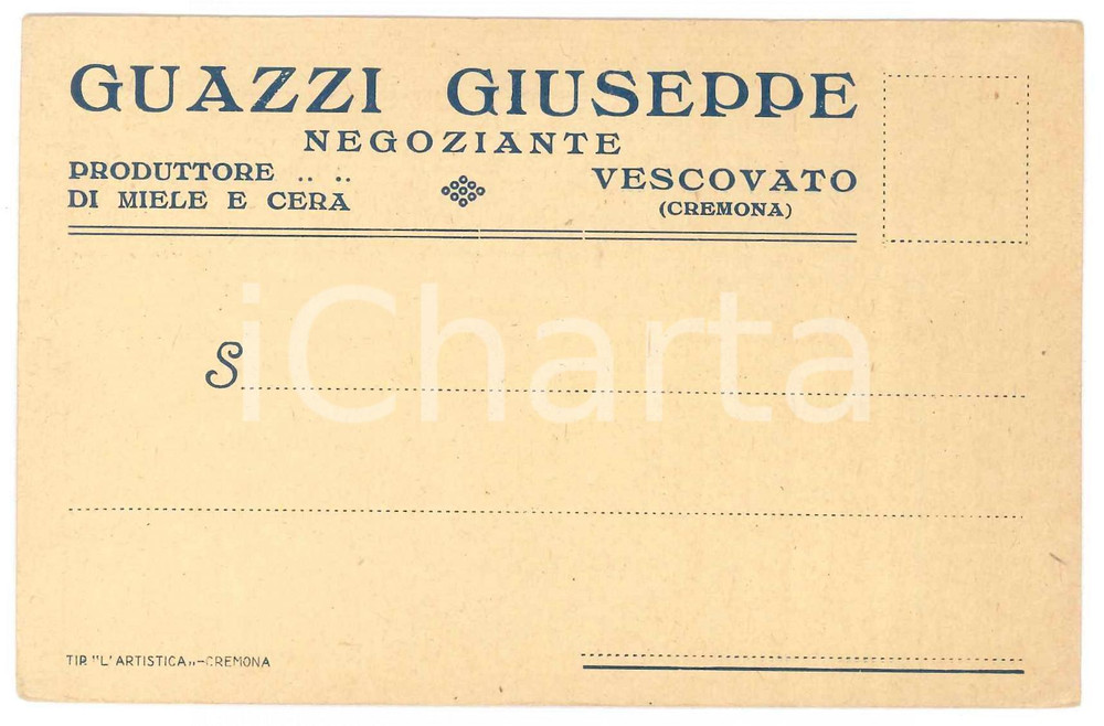 Oggetto da collezione cartaceo 1935 ca VESCOVATO CR Giuseppe GUAZZI Produttore miele e cera d api  Biglietto 1