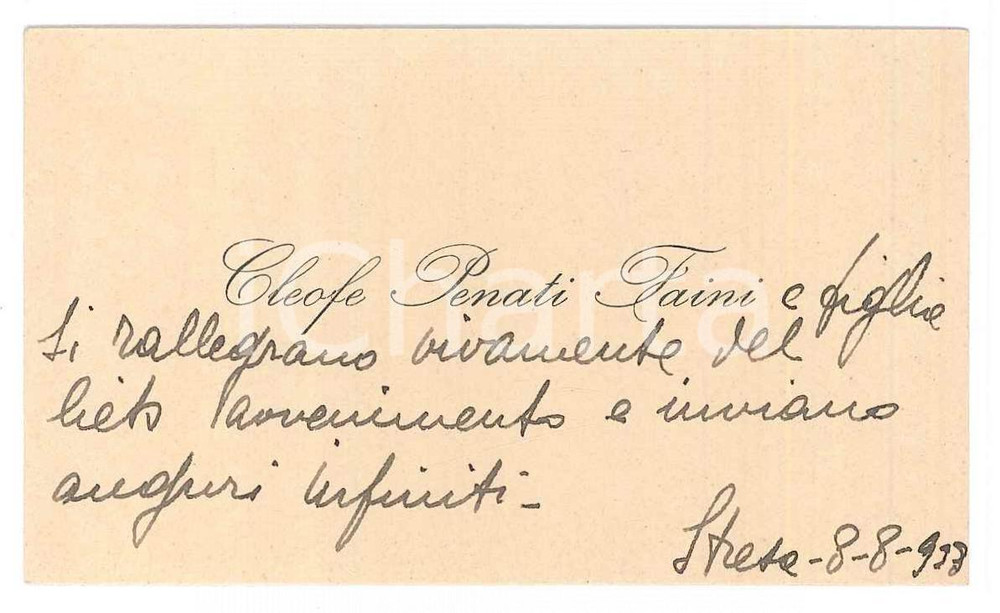 Oggetto da collezione cartaceo 1938 STRESA Cleofe PENATI FAINI Biglietto di auguri 9x5 cn 1