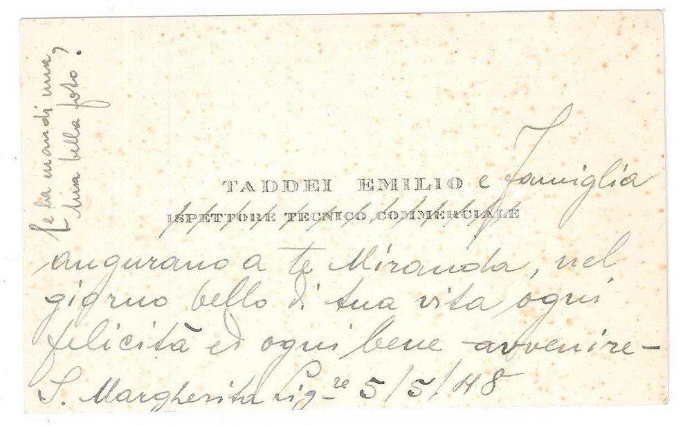 Oggetto da collezione cartaceo 1948 SANTA MARGHERITA LIGURE Emilio TADDEI Ispettore tecnico Biglietto da visita 1