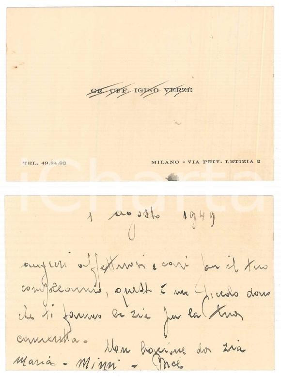 1949 MILANO Via privata Letizia Grande ufficiale Igino VERZÉ Biglietto da visita