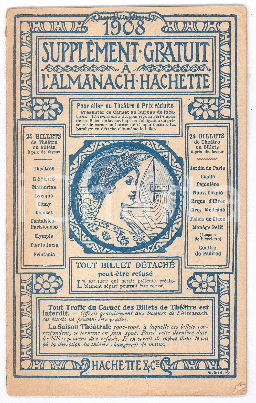 Materiale pubblicitario d’epoca 1908 PARIS Almanach HACHETTE  SupplÃ©ment  Carnet 24 billets de thÃ©Ã¢tre 1