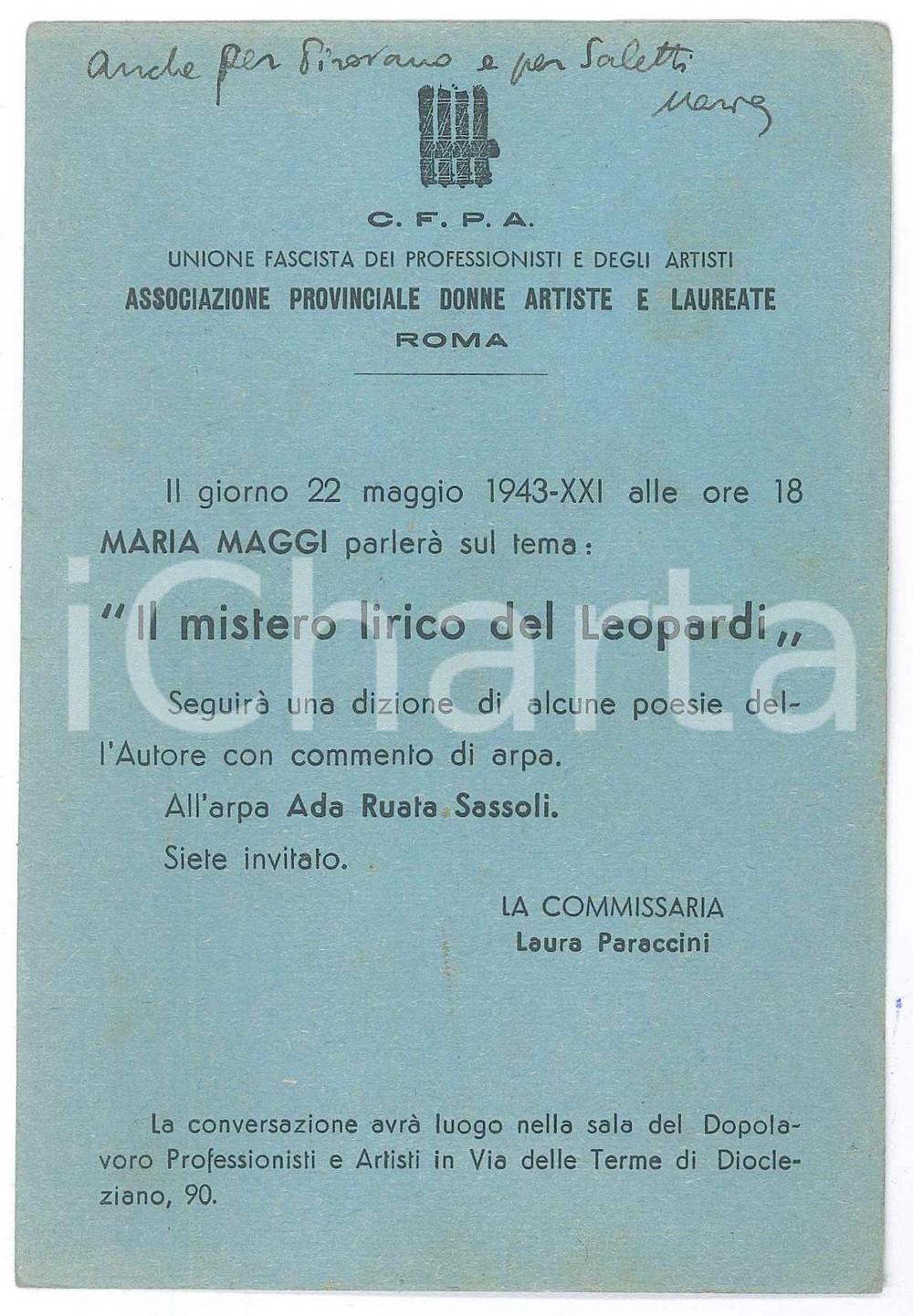 Oggetto da collezione cartaceo 1943 ROMA  CFPA Conferenza di Maria MAGGI su Giacomo LEOPARDI Invito 10x14 cm 1