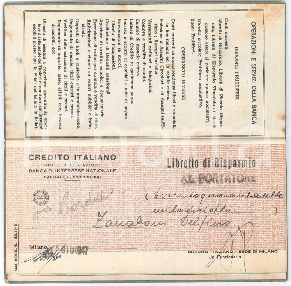 Oggetto da collezione cartaceo 1947 MILANO  CREDITO ITALIANO  Libretto di risparmio al portatore 1