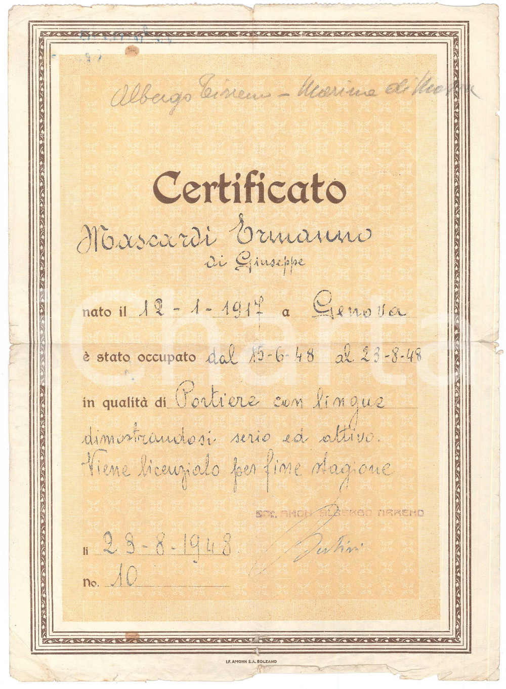 Documento originale, autentico 1948 MARINA DI MASSA Albergo TIRRENO  Certificato Ermanno MASCARDI portiere 1