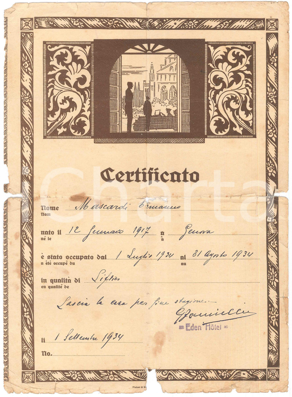 Documento originale, autentico 1934 ITALIA s. l. EDEN HOTEL  Certificato Ermanno MASCARDI liftier 1