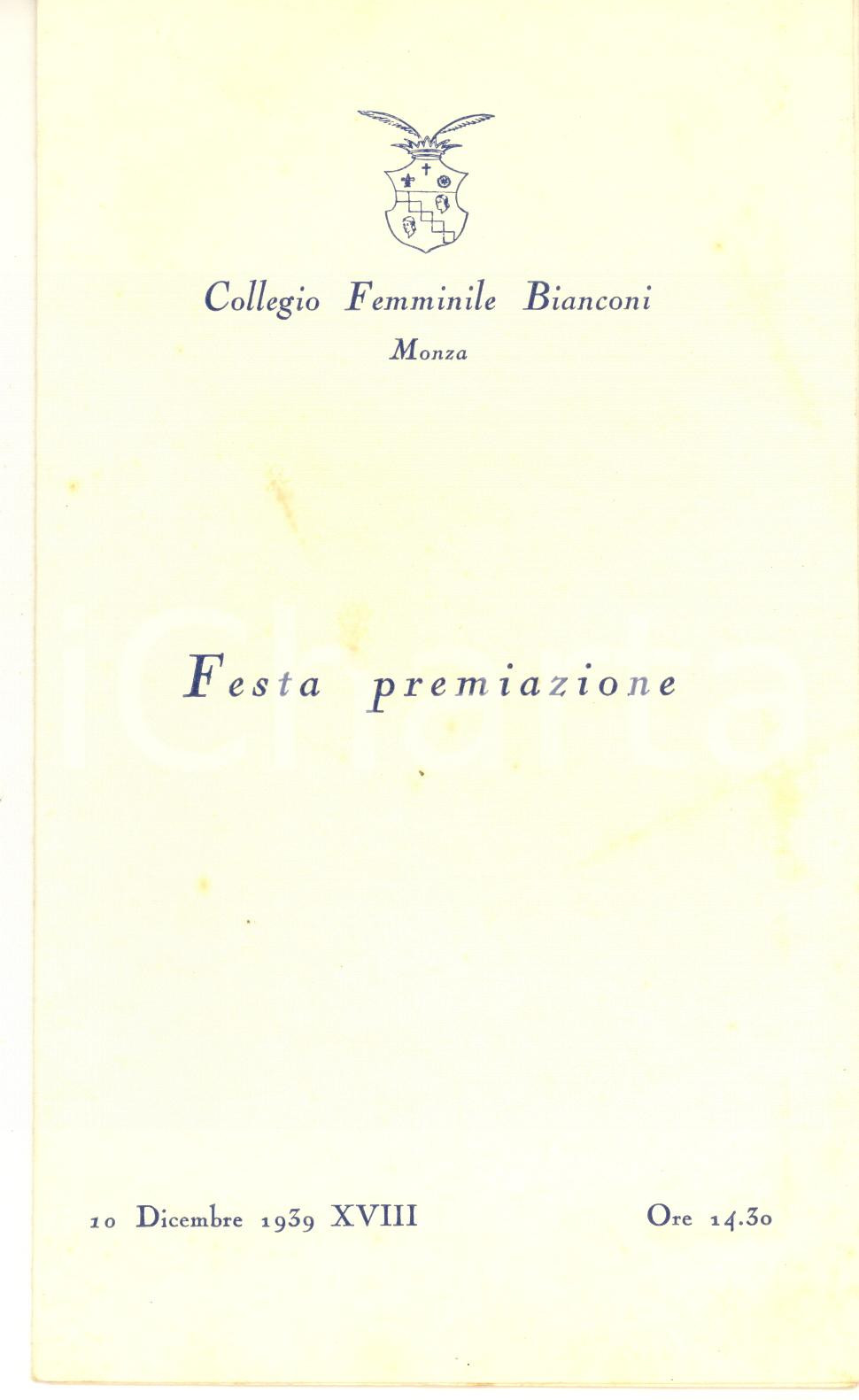 Documento originale, autentico 1939 MONZA Collegio Femminile BIANCONI  Programma festa premiazione 1