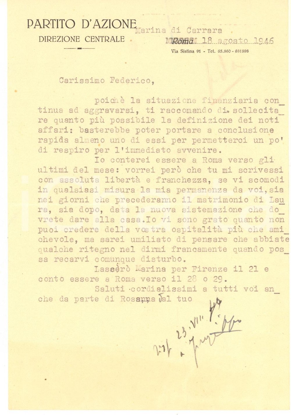 Manoscritto, lettera originale 1946 PARTITO D AZIONE  MARINA DI CARRARA  Direzione Centrale  Lettera 1