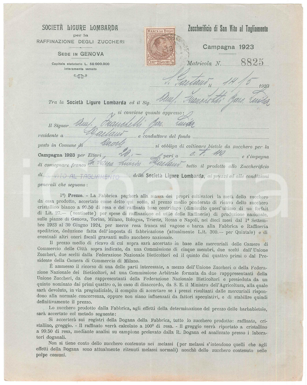 Documento originale, autentico 1923 S. VITO AL TAGLIAMENTO SocietÃ  Ligure Lombarda  Contratto bietole zucchero 1
