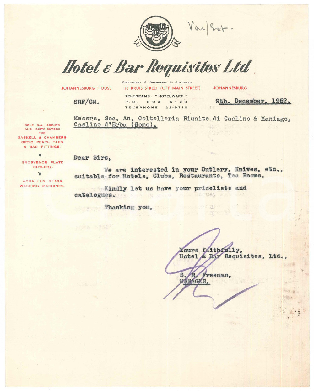Documento originale, autentico 1952 JOHANNESBURG  HOTEL & BAR REQUISITES Ltd  Letter cutlery for hotels 1