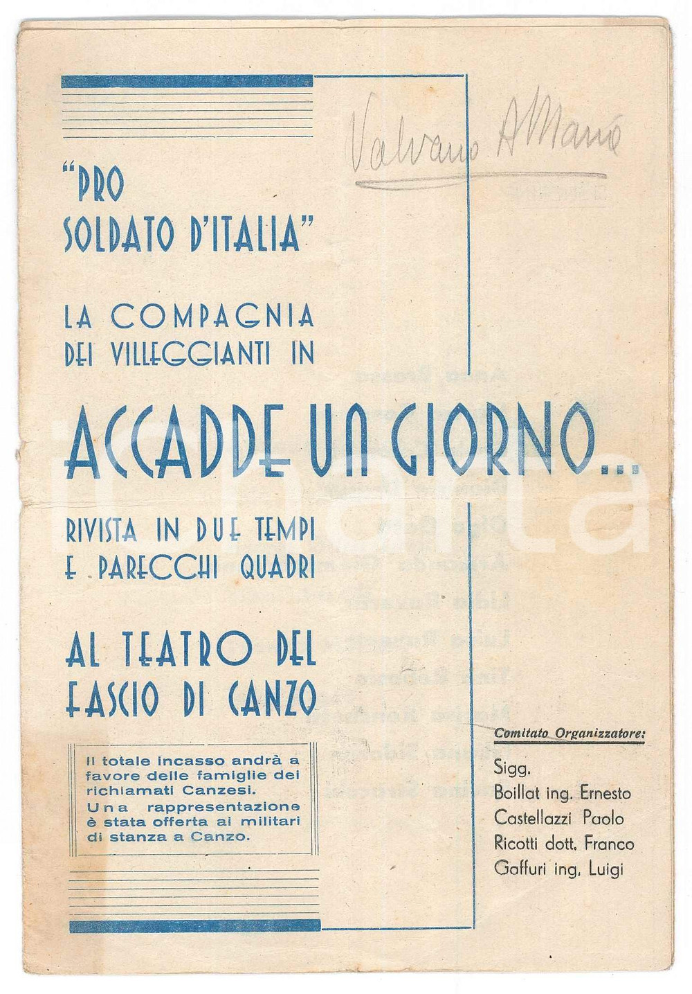 Materiale pubblicitario d’epoca 1941 CANZO  Teatro del Fascio  Accadde un giorno Programma rivista 1