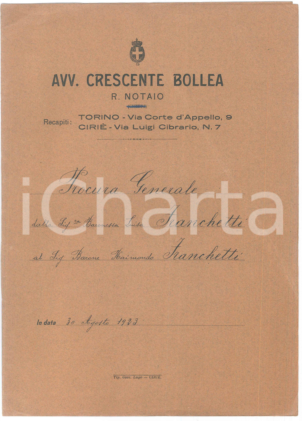 Documento originale, autentico 1923 VIU  Procura baronessa Sara Luisa ROTSCHILD al nipote Raimondo FRANCHETTI 1