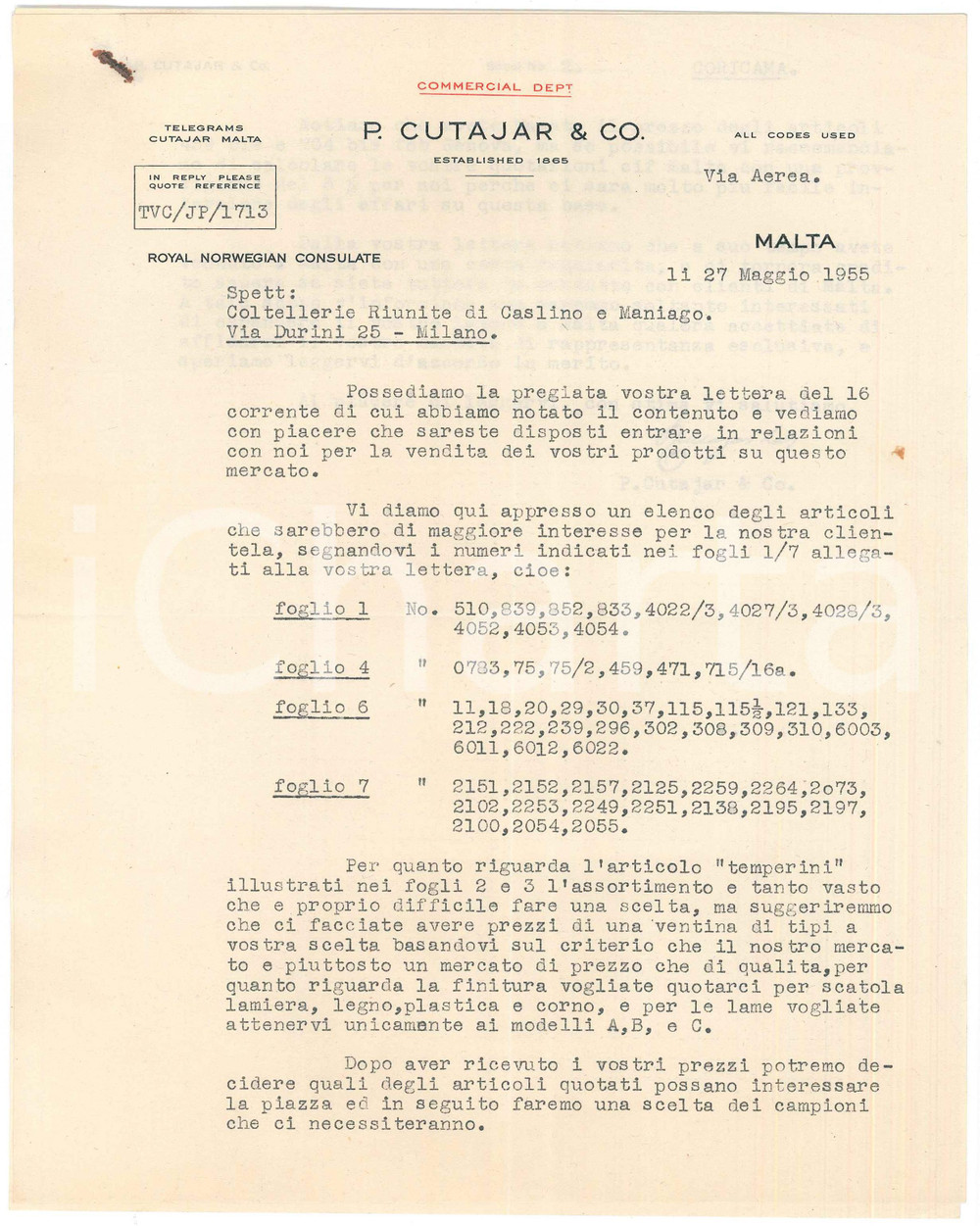 1955 MALTA Ditta P. CUTAJAT & Co. - Lettera commerciale temperini