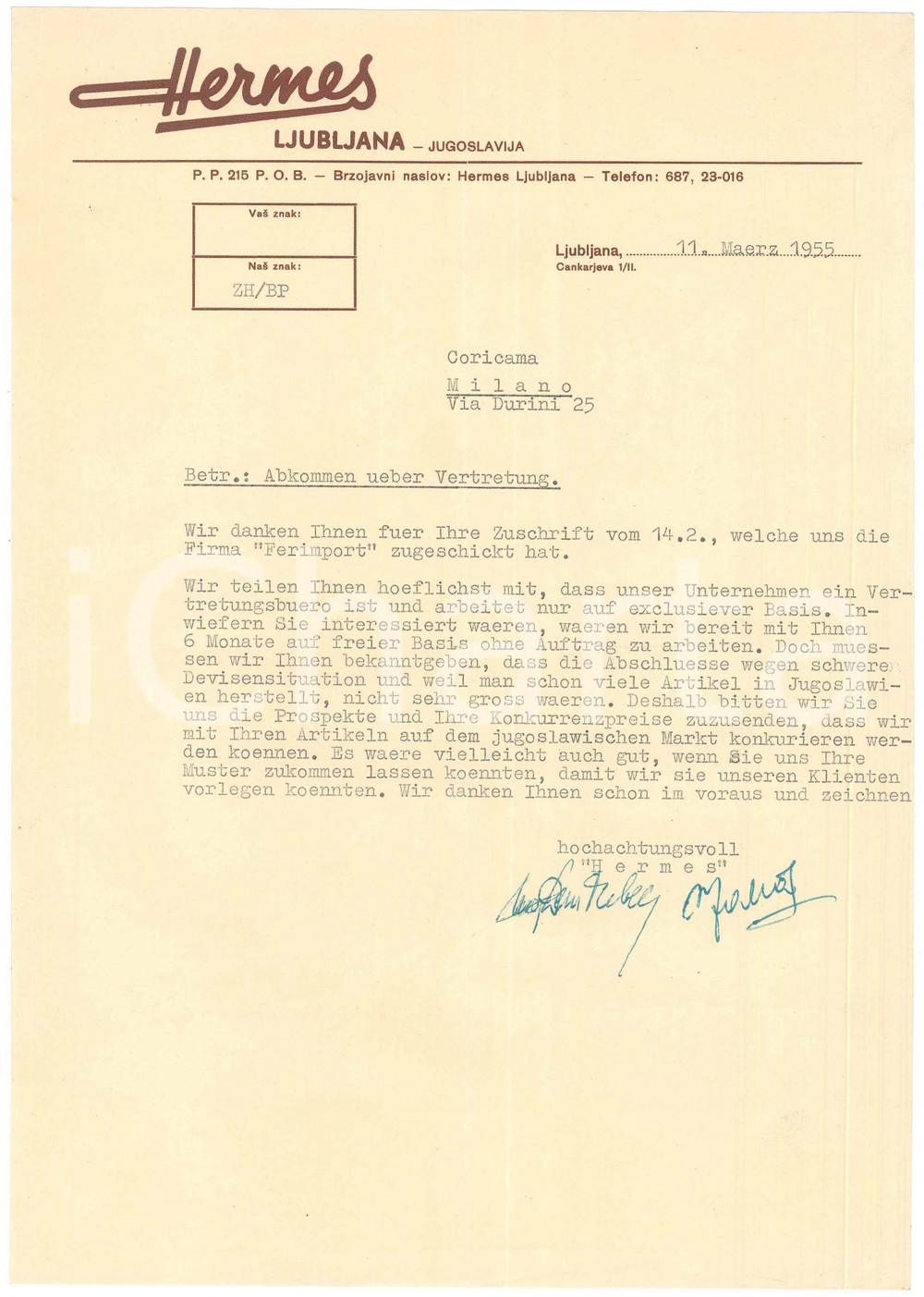 Documento originale, autentico 1955 LJUBLJANA SLOVENIA Ditta HERMES   Lettera commerciale 1