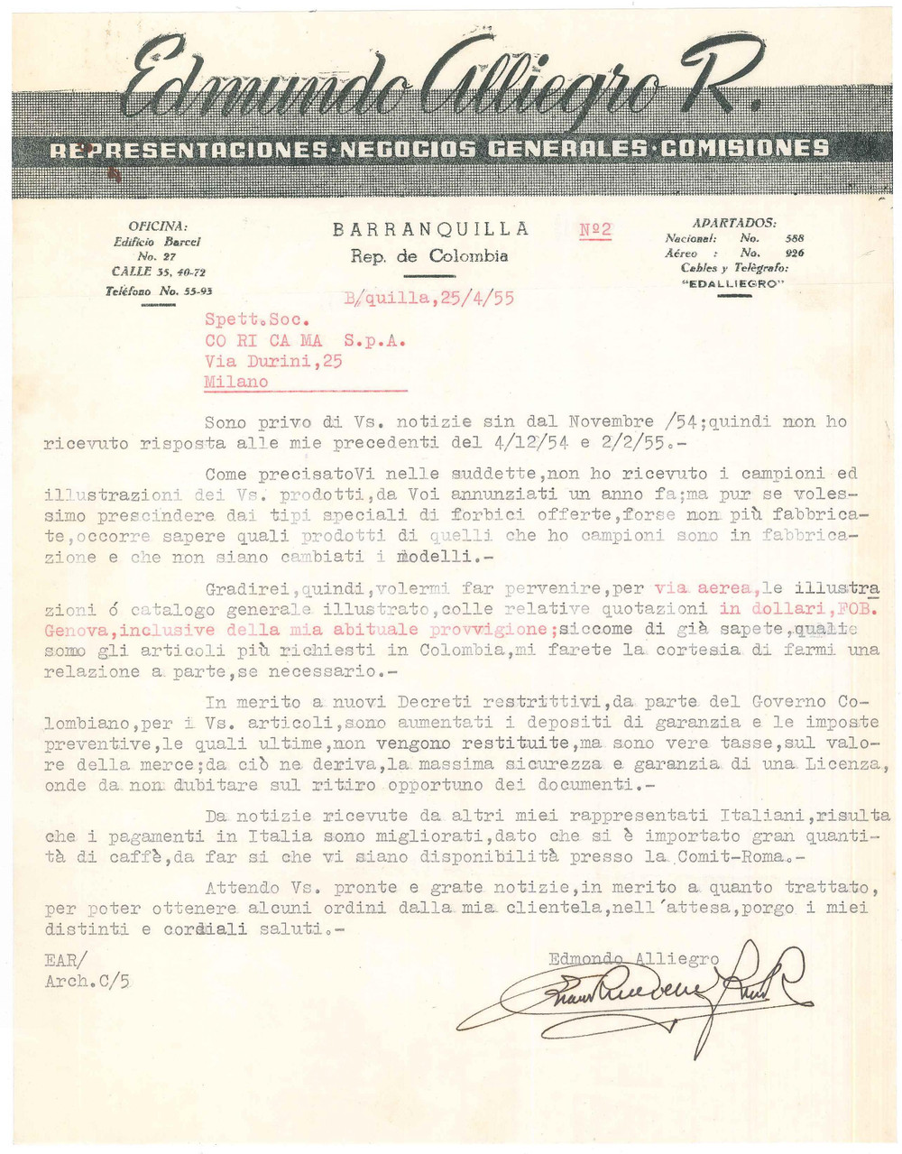 Documento originale, autentico 1955 BARRANQUILLA COLOMBIA Edmundo CILLIEGRO Negocios Lettera commerciale 1