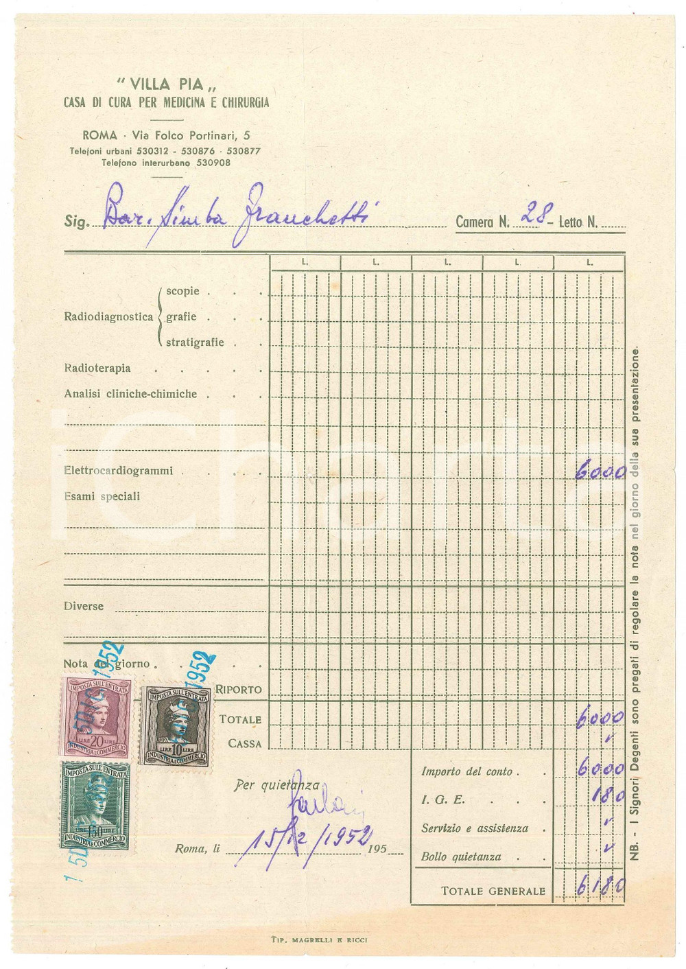 Documento originale, autentico 1952 ROMA Casa di Cura VILLA PIA  Via Portinari 5  Conto per esami 1
