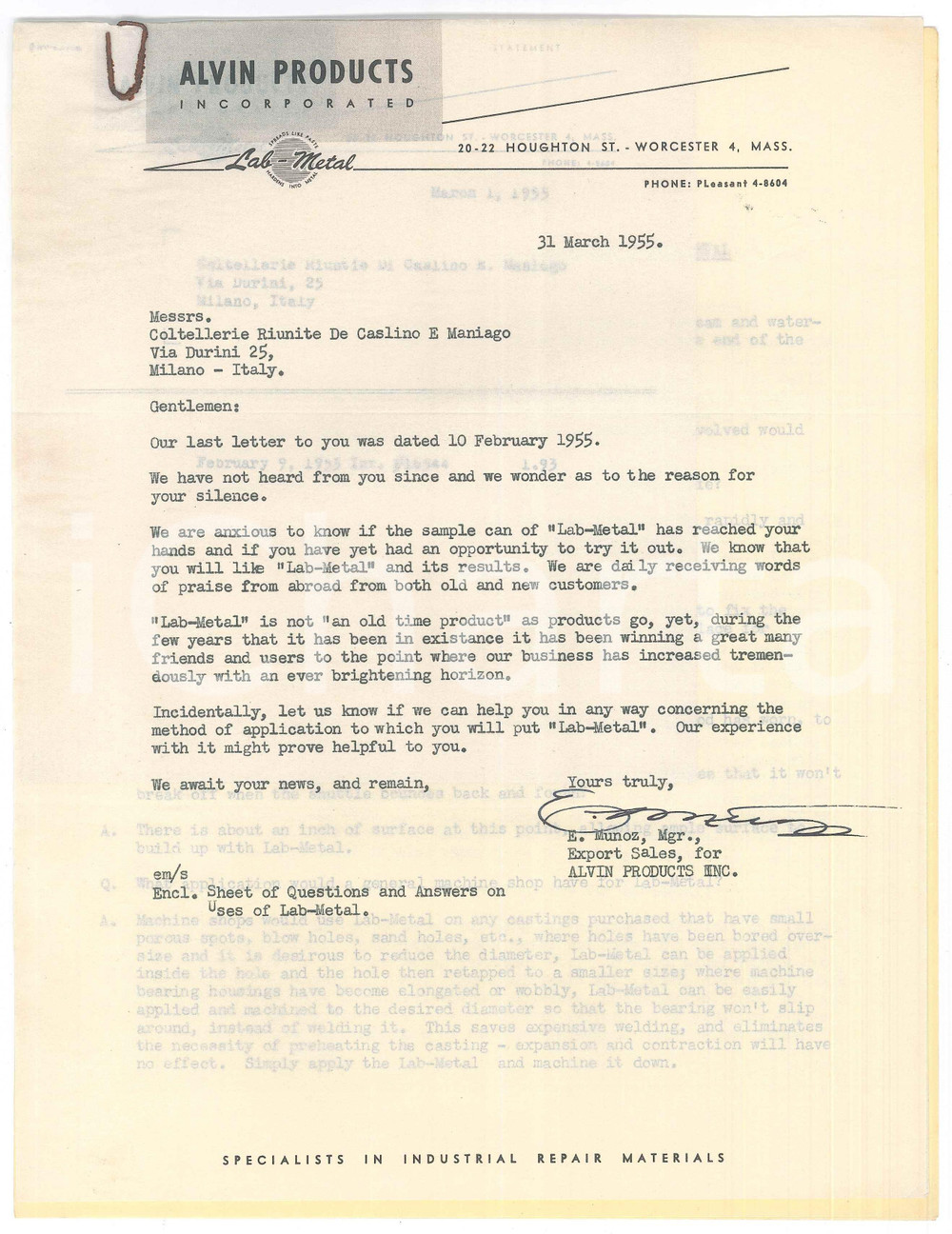 Documento originale, autentico 1955 WORCESTER MA ALVIN PRODUCTS Inc.  LabMetal  Lettera commerciale 1