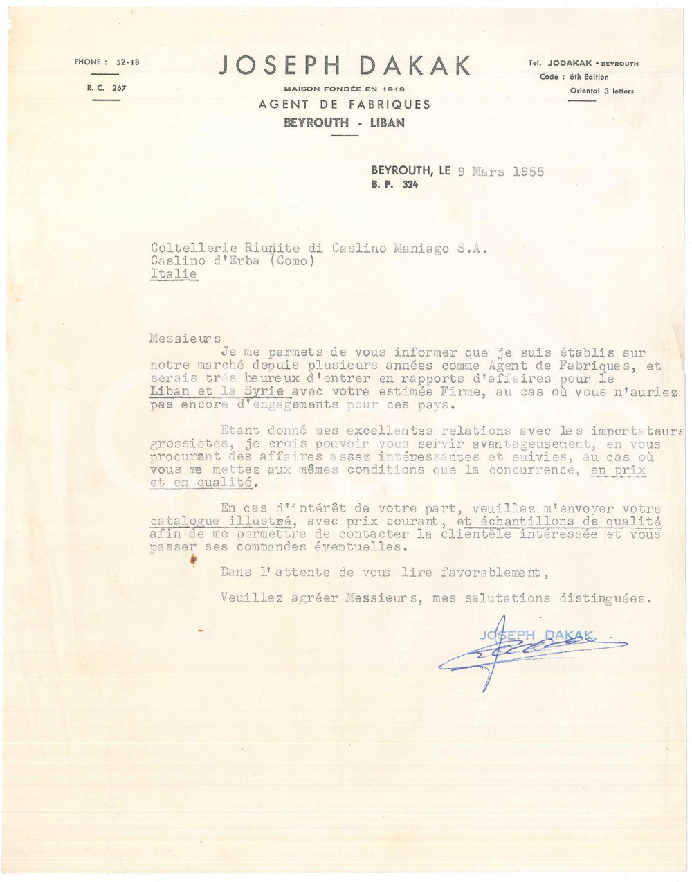 Documento originale, autentico 1955 BEIRUT LIBANO Ditta Joseph DAKAK Agent de fabriques  Lettera commerciale 1