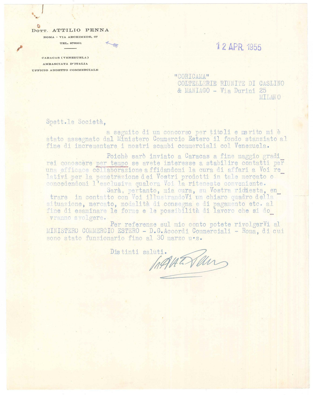Documento originale, autentico 1955 ROMA Via Archimede 67  Lettera Attilio PENNA inviato commerciale a Caracas 1