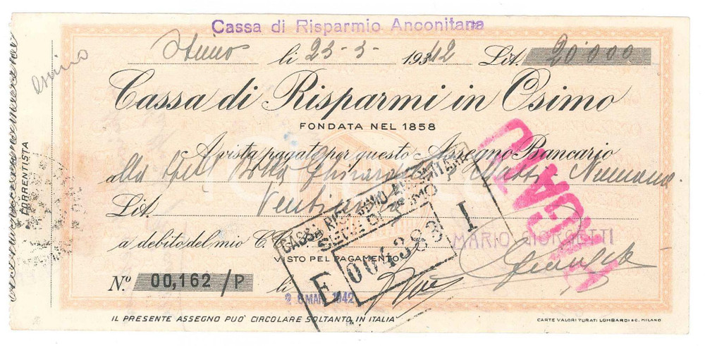 1942 OSIMO (AN) Cassa di Risparmi in OSIMO - Assegno bancario Assegno bancario d'epoca con timbro da vidimazione.  GOOD/buono   originale e autentica 1