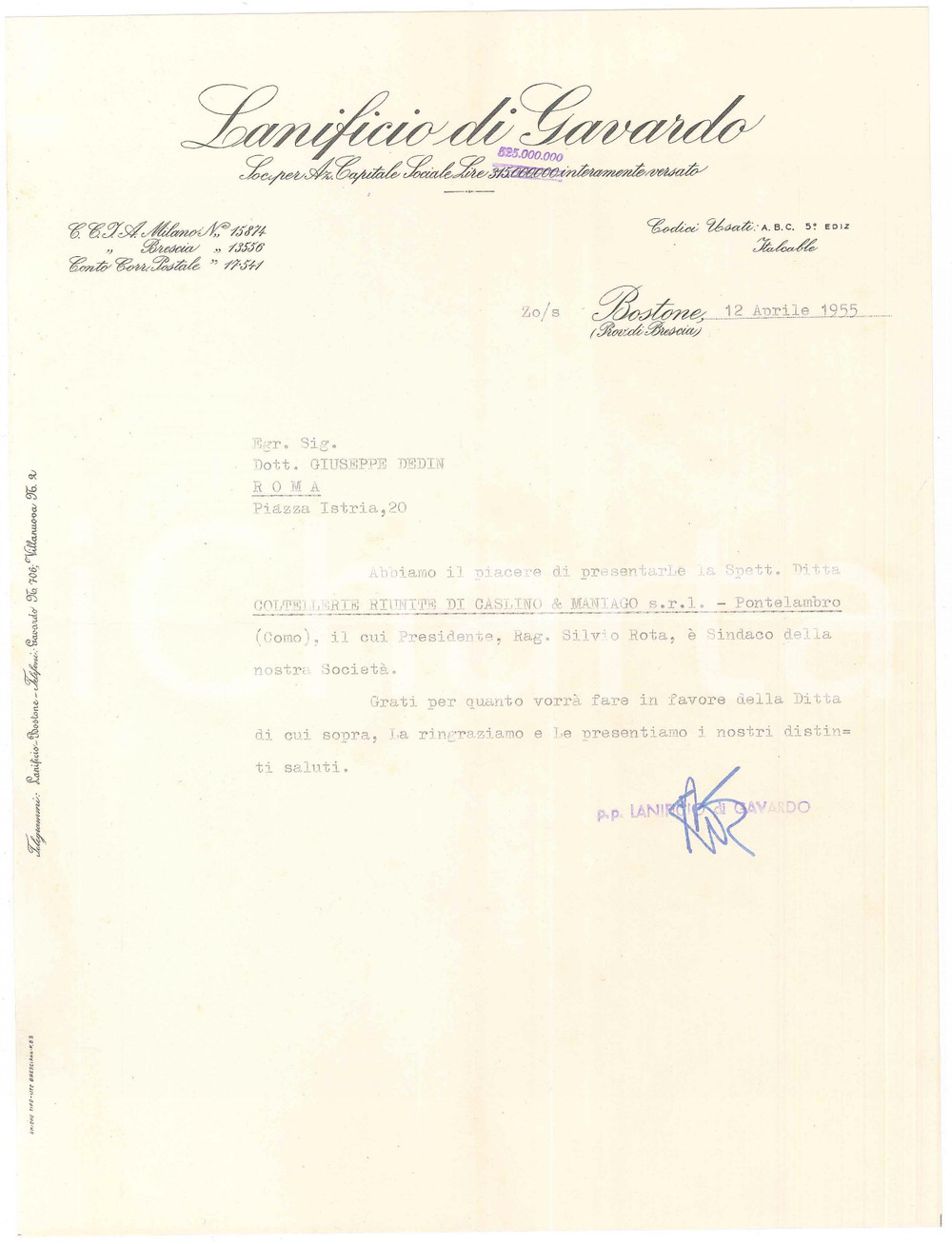 Documento originale, autentico 1955 BOSTONE BS LANIFICIO DI GAVARDO  Lettera commerciale 1