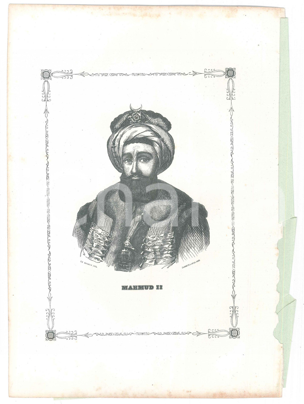 Stampa, bozzetto originale 1844 ANTICA E NUOVA GRECIA   MAHMUD II Sultano  Ritratto Stampa 19x27 cm 1