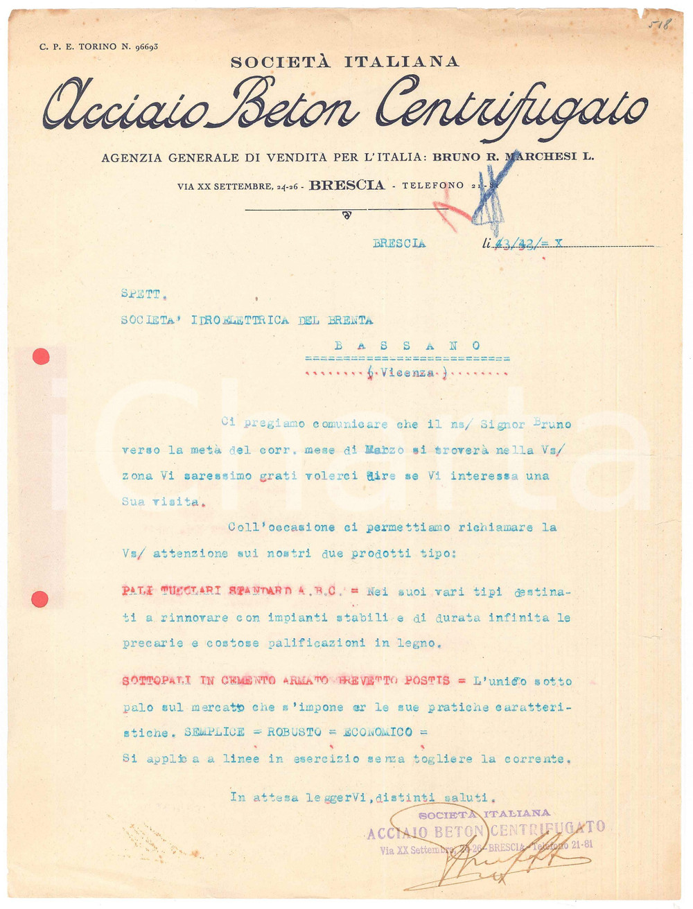 Documento originale, autentico 1933 BRESCIA SocietÃ  ACCIAIO BETON CENTRIFUGATO  Lettera commerciale 1