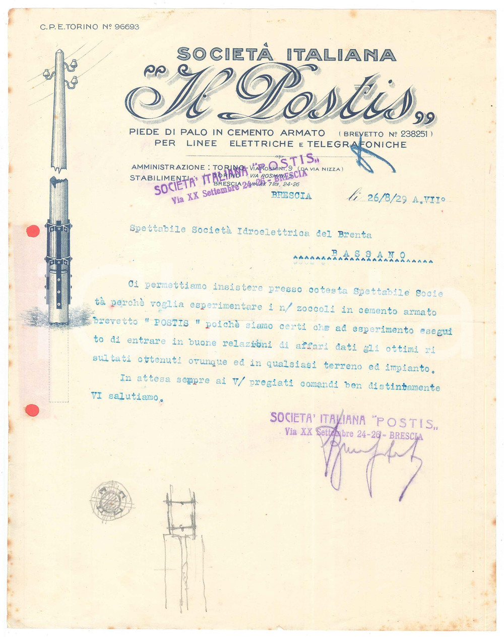 Documento originale, autentico 1929 BRESCIA SocietÃ  IL POSTIS  Piede di palo in cemento  Lettera commerciale 1