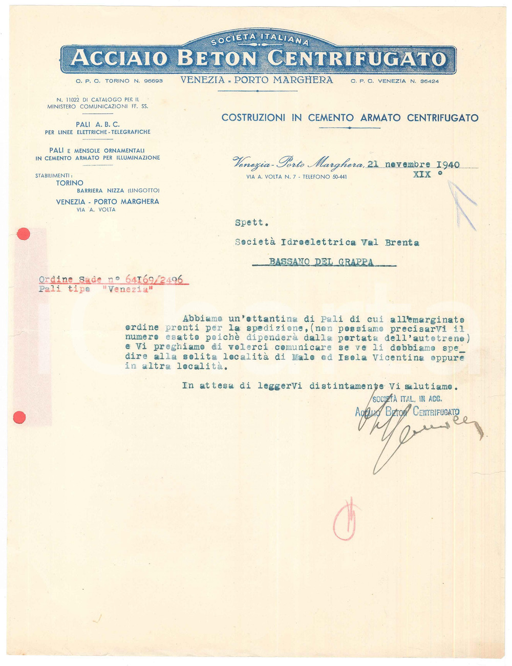 Documento originale, autentico 1940 VENEZIA MARGHERA Società ACCIAIO BETON CENTRIFUGATO Lettera pali 1